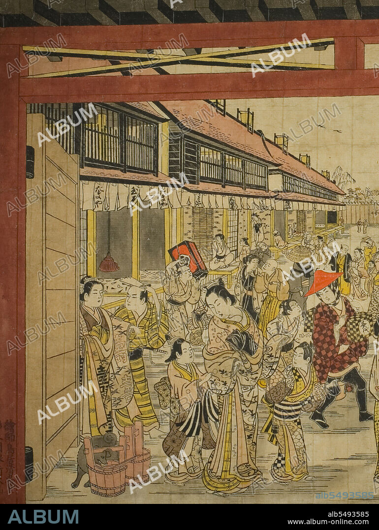 TORII KIYOTADA. The Main Gate, New Yoshiwara, c. 1745. Detail from a larger artwork.