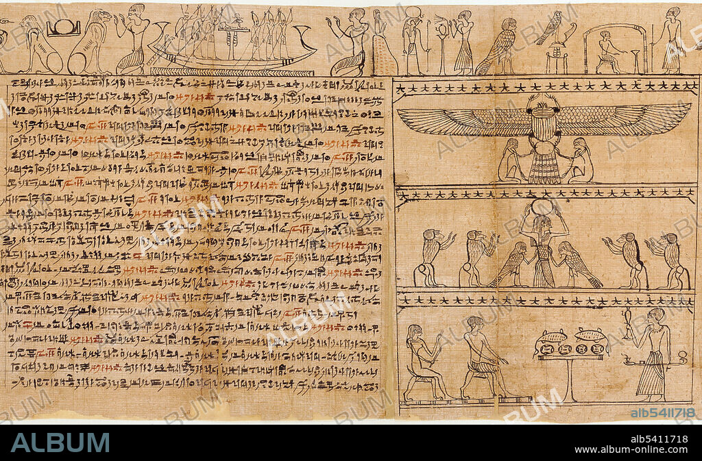 Papyrus inscribed for a priest of the god Horus named Imhotep. His coffin was found in 1913 at the cemetery of Meir, and this papyrus most likely comes from his burial. Imhotep's Book of Coming forth by Day, commonly known as a Book of the Dead, was designed to help Imhotep make a successful transition from death to eternal life, and to ensure his safety and well-being in the realm of the dead. Written in a cursive script known as hieratic and read from right to left, it is divided into 182 columns, each containing one or more spells, incantations, or prayers. A continuous frieze of vignettes along the top, as well as larger drawings filling the height of the papyrus, illustrate or substitute for individual spells. Early Ptolemaic Period, ca. 332–200 B.C.