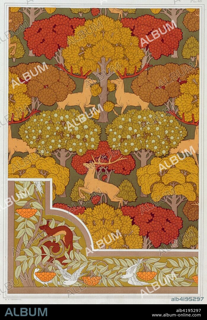 Designs for wallpaper and wallpaper border "Deer in the Trees" and  "Squirrel with Birds and Mountain Ash" from 'L'Animal dans la Decoration' by Maurice Pillard Verneuil, pub. 1897 (colour lithograph). Designs for wallpaper and wallpaper border "Deer in the Trees" and  "Squirrel with Birds and Mountain Ash" from 'L'Animal dans la Decoration' by Maurice Pillard Verneuil.