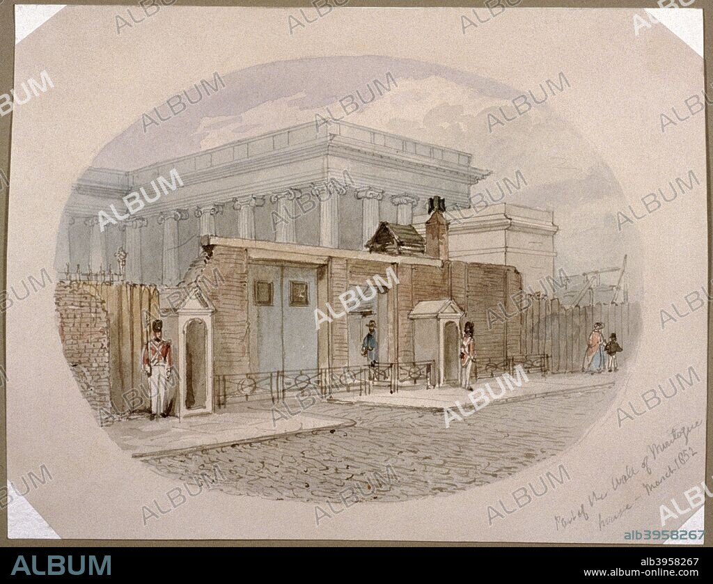 Part of the wall of Montague House, London, 1852. Montague House, the original home of the British Museum, had been demolished in the 1840s. Also depicts guards standing at their sentry-boxes.