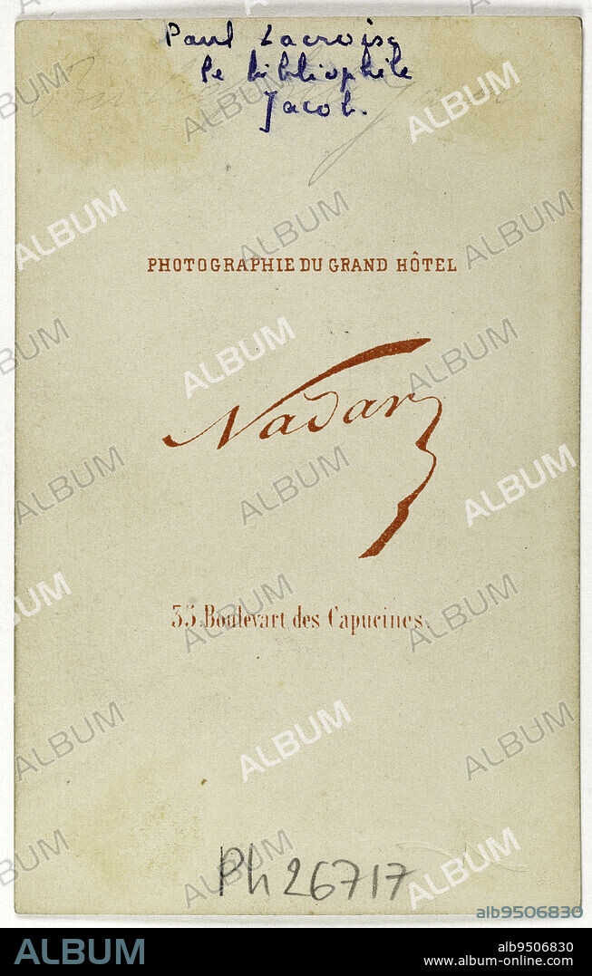 Portrait of Lacroix Paul, (known as Le Bibliophile Jacob), (1806-1884), (literary, scholar, curator of the Arsenal library), Atelier Nadar, Photographer, Between 1860 and 1890, 2nd half of the 19th century, Photography, Graphic arts, Photography, Albumen paper print, Dimensions - Work: Height: 8.9 cm, Width: 5.5 cm, Dimensions: Height: 10.3 cm, Width: 6.5 cm.