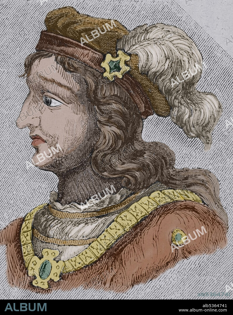 Gesaleico (m. 511). Rey visigodo entre los años 507 y 510. Protagoniza la retirada a Hispania tras la derrota frente a los francos en Vouillé. Retrato. Grabado coloreado. Las Glorias Nacionales. Tomo II, edición Madrid-Barcelona, 1853.