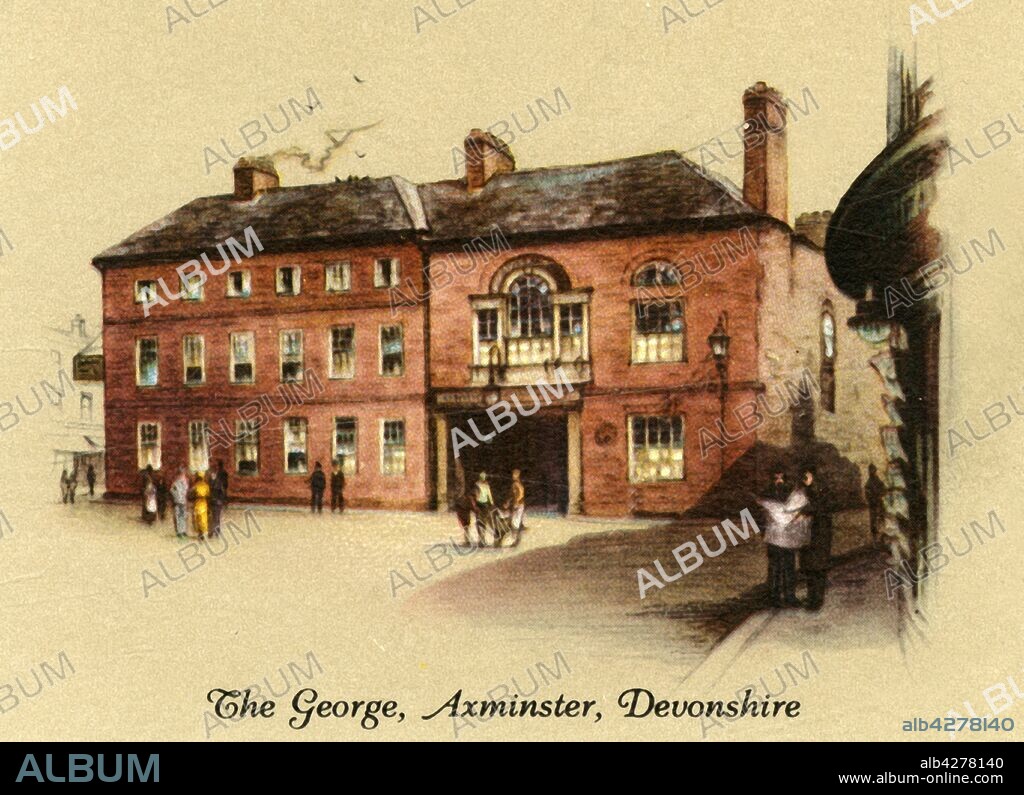 'The George, Axminster, Devonshire', 1936. The George Hotel, 18th century coaching inn on route between Exeter and London, dating to 1760, visited by Lord Nelson and King George III. From "Old Inns - A Series of 40", 1936. [W. D. & H. O. Wills, 1936].
