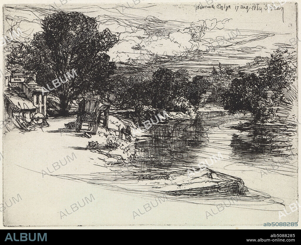 Newcastle Emlyn, Francis Seymour Haden, 18181910, British, 1864, Etching and drypoint on medium, smooth, cream laid paper, Sheet: 5 3/8 x 6 1/2 inches (13.6 x 16.5 cm), Plate: 4 1/2 x 6 inches (11.4 x 15.2 cm), and Image: 4 1/2 x 6 inches (11.4 x 15.2 cm), architectural subject, banks, blacksmith, buildings, cart, clouds, house, iron, landscape, pig, river, rocks (landforms), sign, smithy, trees, wagon, water, weather, wheel, Carmarthenshire, Cymru, Europe, Newcastle Emlyn, United Kingdom, Wales.