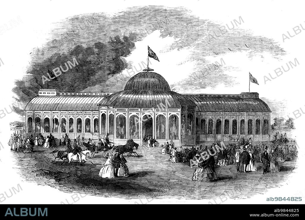 The Crystal Palace at Toronto, Canada, 1858. Engraving from a sketch by Mr. R. H. Mackay. 'This industrial palace was erected for the purpose of holding within its walls the annual exhibitions of the Provincial Agricultural Association of Canada West...The walls are chiefly cast iron and [plate] glass, after the design, in a considerably modified sense, of the Crystal Palace of Hyde Park [in London]. The roof is of wood, covered with tin...affording the most perfect security against leakage, at least from any ordinary storm...Twenty-four ventilators, similar in size to those in the main building, ventilate the galleries...300 ten-feet squares, or 30,000 feet of tin, upwards of 300,000 feet of lumber, 9000 feet of glass, 36cwt. of nails, and 98 tons of cast iron, have been used in its construction. The girders were tested to a pressure of eight tons, which is far more than they will he required to sustain. The glass was imported by the builders from Messrs. Chance (Brothers), Birmingham...The cast-iron work - columns and girders - was prepared at the St. Lawrence Foundry, by William Hamilton and Son, founders and machinists. The architects were Messrs. Fleming and Schreiber; and the builders, Messrs. Smith, Burke, and Meldrum'. From "Illustrated London News", 1858.
