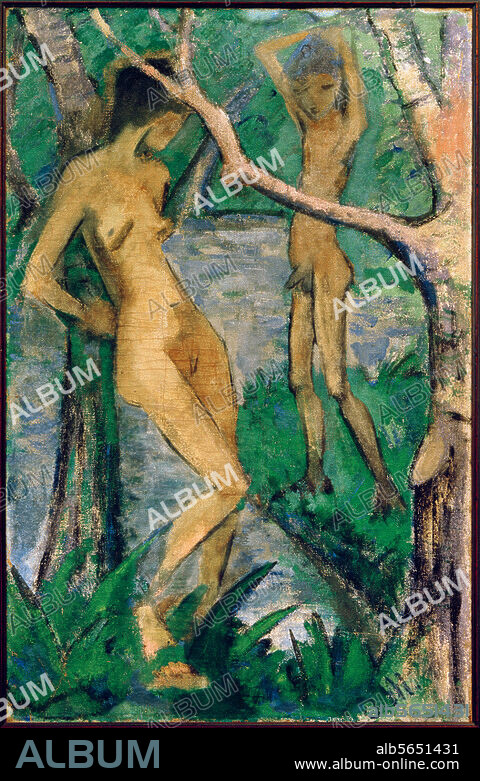 OTTO MUELLER. Mueller, Otto 1874-1930. "Mädchen und Knabe am Waldteich", um 1920/22. Leimfarbe und Mischtechnik auf Rupfen, 150 × 97 cm. Privatbesitz.