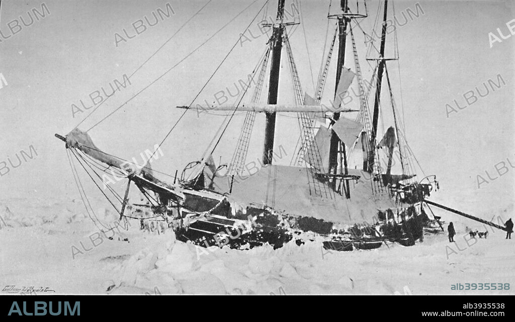 'The Fram when dug out of the Pressure-Mound. End of March, 1895', (1897). Fram (Forward) is a ship used in northern and southern polar expeditions by the Norwegian explorer Fridtjof Nansen. It was launched in 1892 and used until 1912. Currently it is preserved at the Fram Museum, Oslo. From Farthest North, Vol. 2 by Fridtjof Nansen. [Archibald Constable and Company, London, 1897].
