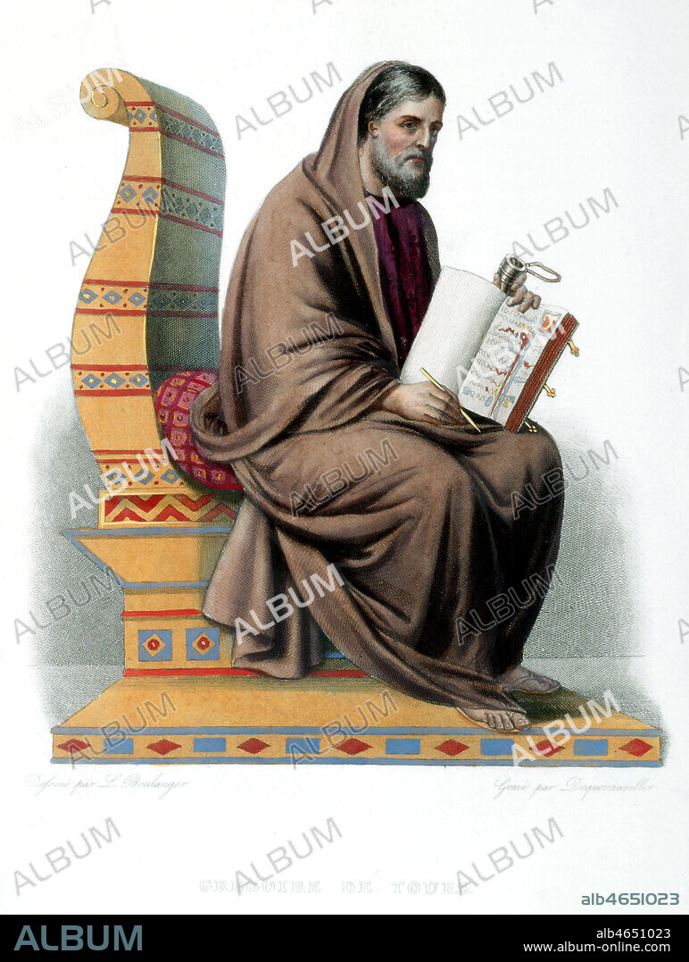 Portrait de GREGOIRE DE TOURS (C.538 A 594) historien et theologien francais, illustre par Louis BOULANGER (1806-1867), in Le Plutarque francais par E. Mennechet, 1844. Credit: Collection KHARBINE-TAPABOR.
