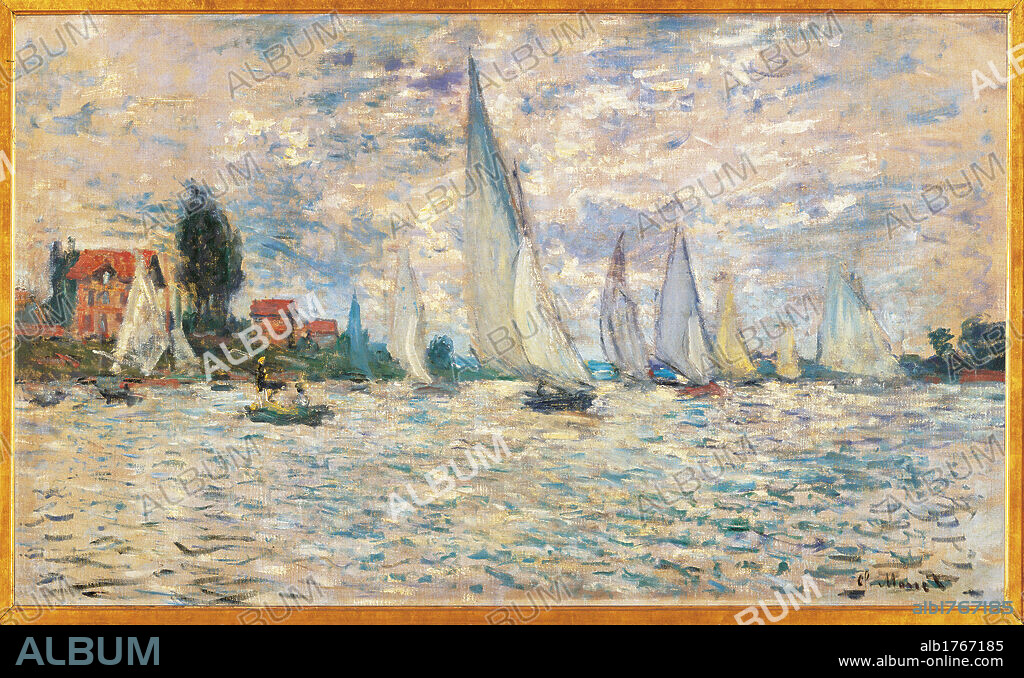 Regattas at Argenteuil, by Claude Monet, 1874 about, 19th Century, oil on canvas, cm 60 x 100. France, Ile de France, Paris, Muse dOrsay, RF2008. All. Regattas at Argenteuil water boat sails tree house azure light blue green red.