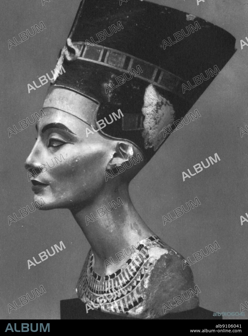 Bust of Queen Nefertiti. Nefertiti was the wife of the Egyptian Pharaoh Amenhotep IV (later Akhenaten), and mother-in-law of the Pharaoh Tutankhamen. Her name roughly translates to "the beautiful one is come". The bust is one of the most copied works of ancient Egypt. It was attributed to the sculptor Djhutmose, and was found in his workshop. The Treasures of Tutankhamen. Tutankhamen by Christiane Desroches Noblecourt, page 105.