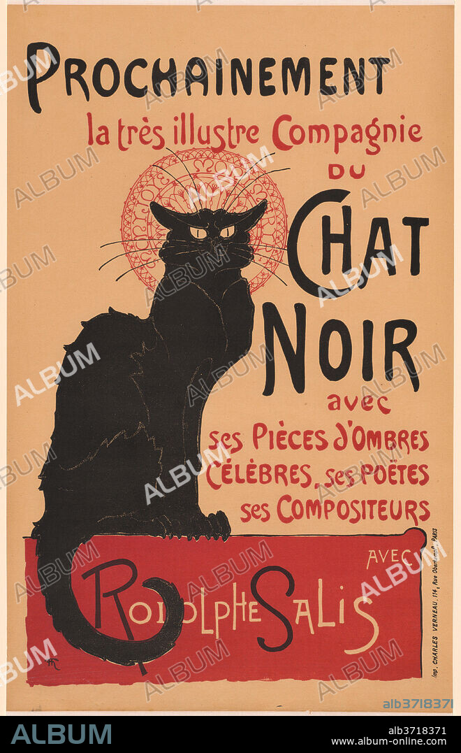 THÉOPHILE-ALEXANDRE STEINLEN. Prochainement la très illustre Compagnie du Chat Noir (Poster for the Company of the Black Cat). Dated: 1896. Dimensions: sheet: 62.1 × 39.2 cm (24 7/16 × 15 7/16 in.). Medium: color lithograph on wove paper, mounted on muslin.
