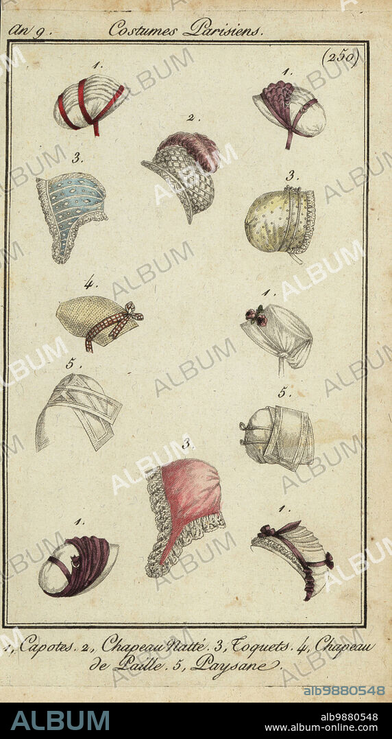 Fashionable hats of 1800. Hood 1, Braided hat 2, Cap 3, Straw hat 4, peasant hat 5. Capotes 1, Chapeau Natté 2, Toquets 3, Chapeau de Paille 4, Paysanne 5. Handcoloured copperplate engraving from Pierre de la Mesangeres Journal des Modes et Dames, Paris, 1800. The illustrations in volume 4 were by Carle Vernet, Bosio, Dutailly and Philibert Louis Debucourt.