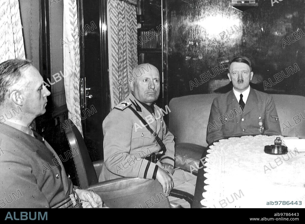 Brenner. 10/04/1940. Hitler and Mussolini during the talks at the Brenner. On the right the German Foreign Minister Von Ribbentrop.