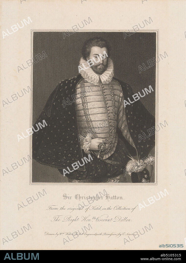 Sir Christopher Hatton, Edward Scriven, 17751841, British, after William Hilton, 17521822, British, OR after William Hilton, 17861839, British, 1823, Engraving on medium, slightly textured, beige, wove paper, mounted on, moderately thick, slightly textured, cream, wove paper, Mount: 24 × 17 1/8 inches (61 × 43.5 cm), Sheet: 11 13/16 × 8 13/16 inches (30 × 22.4 cm), and Image: 7 × 5 11/16 inches (17.8 × 14.4 cm).