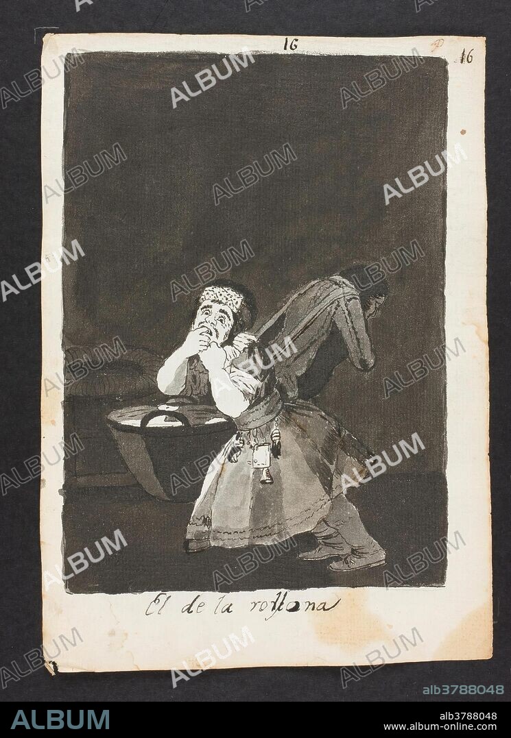 ANÓNIMO. Anónimo (Copia de Goya y Lucientes, Francisco de) / 'El de la rollona'. Mediados del siglo XIX. Aguada, Lápiz, Pluma, Tinta china, Tinta agrisada, Tinta ferrogálica sobre papel verjurado, 215 x 150 mm.