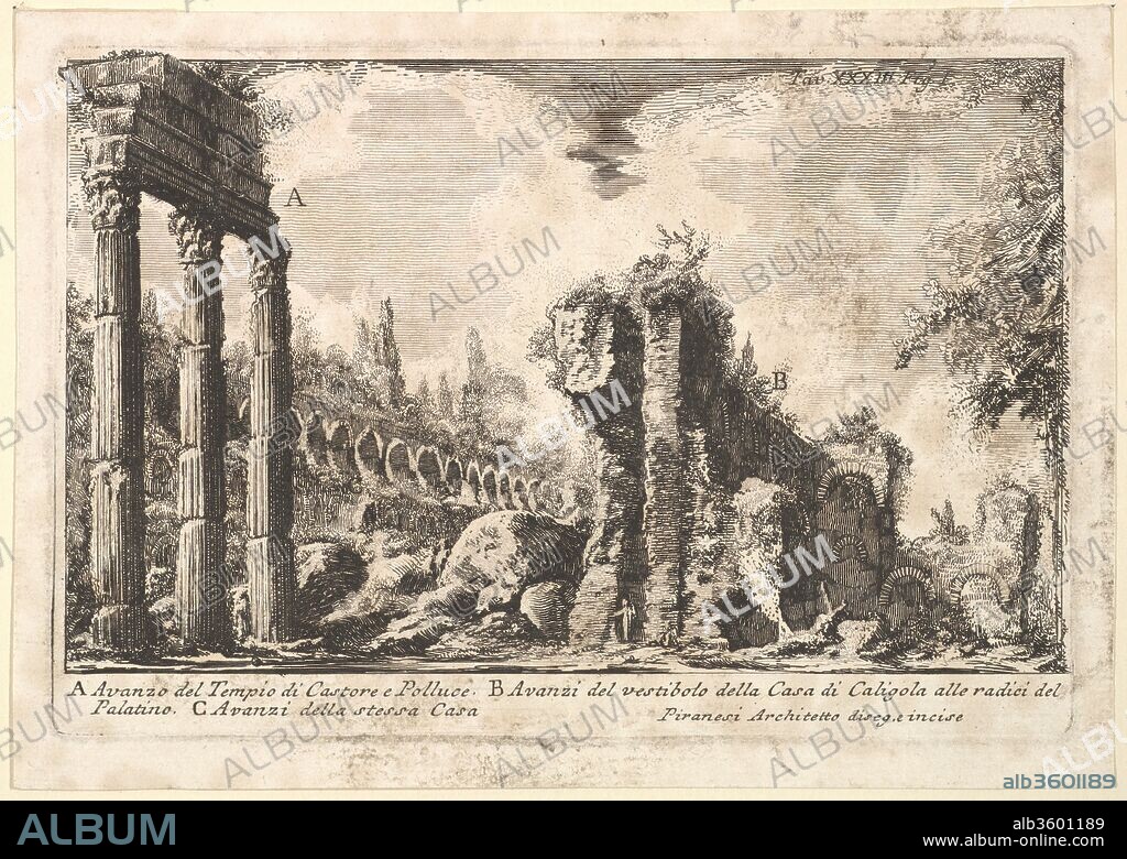 Remains of the Temple of Castor and Pollux . . . (Avanzo del Tempio di Castore e Polluce . . .). Artist: Giovanni Battista Piranesi (Italian, Mogliano Veneto 1720-1778 Rome). Dimensions: Plate: 5 1/4 × 7 11/16 in. (13.3 × 19.5 cm)
Sheet: 5 7/8 × 8 1/4 in. (14.9 × 21 cm). Series/Portfolio: Le Antichità Romane (Roman Antiquity). Date: 18th century.