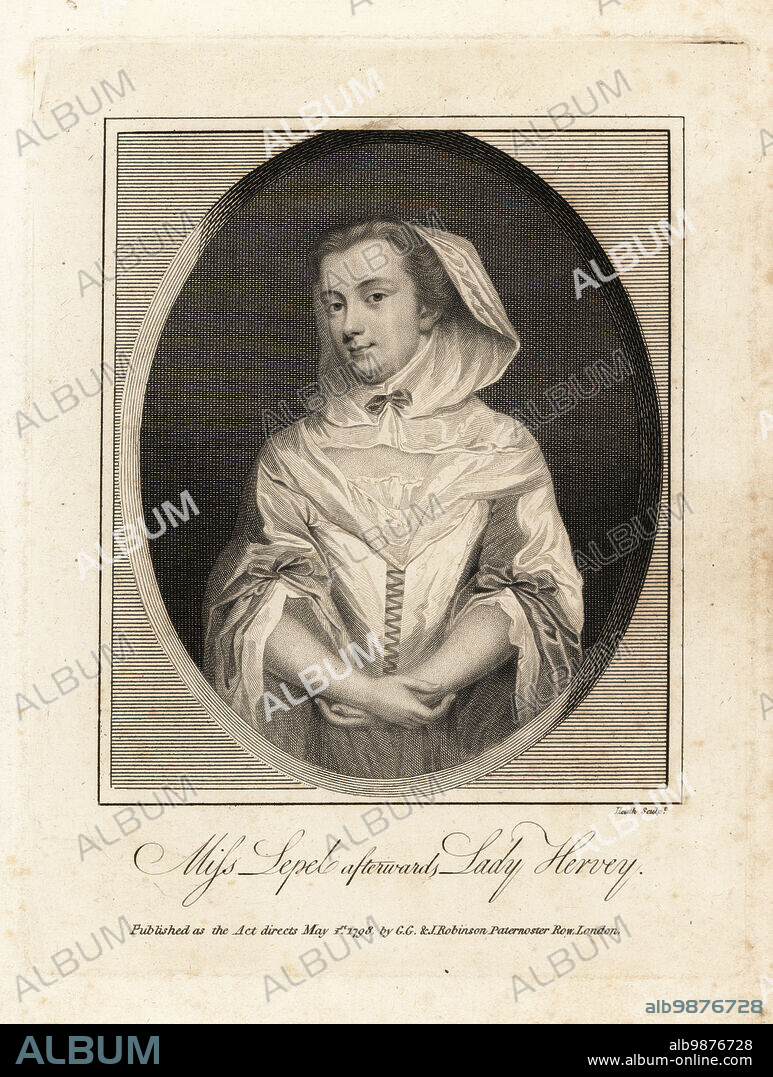 Mary Lepell (1700-1768), courtier to King George I, a famous beauty and conversationalist. Married John Hervey, 2nd Baron Hervey of Ickworth in 1720. Miss Lepel afterwards Lady Hervey. Copperplate engraving by James Heath after a painting by published by G.G. and J. Robinson, Paternoster Row, London, 1798.