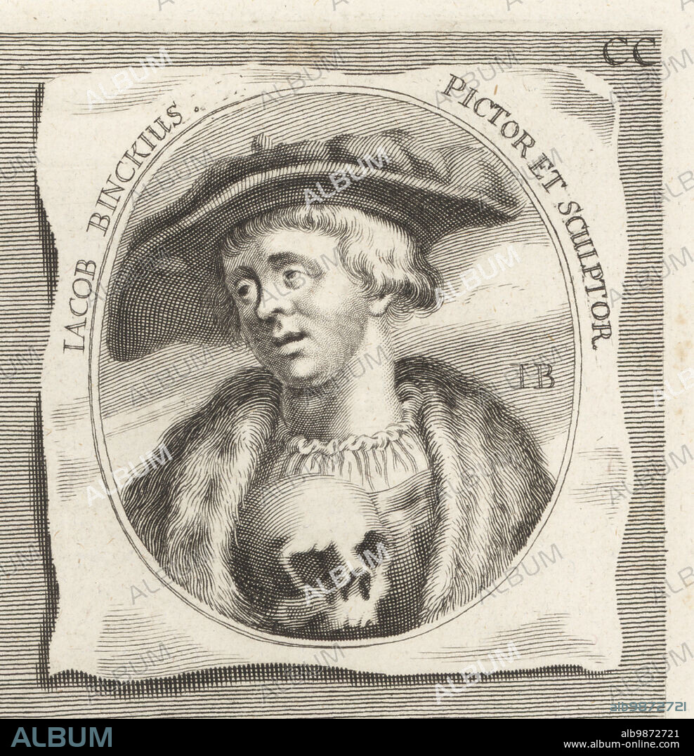 Jakob Binck, German engraver, etcher, painter, sculptor, medalist, copyist and art dealer, c.1495-1569. Iacob Binckus Pictor et Sculptor. Self-portrait with skull with his monogram IB. Copperplate engraving after an illustration by Joachim von Sandrart from his LAcademia Todesca, della Architectura, Scultura & Pittura, oder Teutsche Academie, der Edlen Bau- Bild- und Mahlerey-Kunste, German Academy of Architecture, Sculpture and Painting, Jacob von Sandrart, Nuremberg, 1675.
