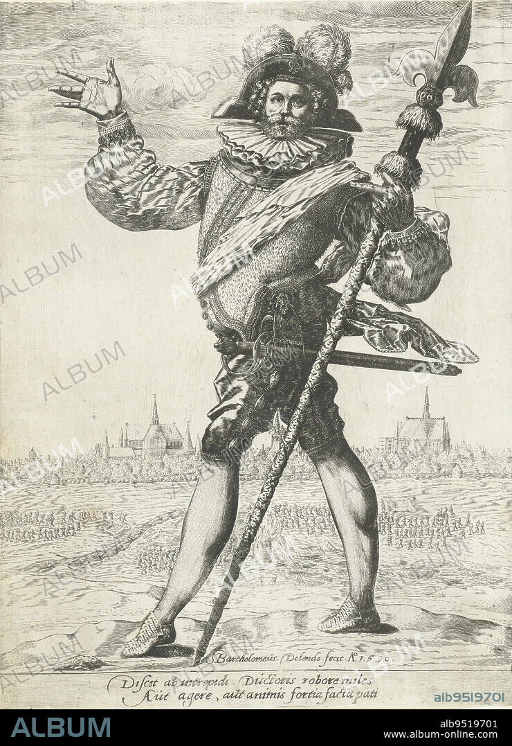 A commander in 16th century costume holding a lance in his left hand. In the background an advancing army near a tower on fire. Behind it a city (Leiden?) with two large churches. Below the scene is a Latin verse, Commander of an army with a lance in front of a besieged town., print maker: Bartholomeus Willemsz. Dolendo, (mentioned on object), Leiden, 1590, paper, engraving, h 310 mm × w 230 mm.