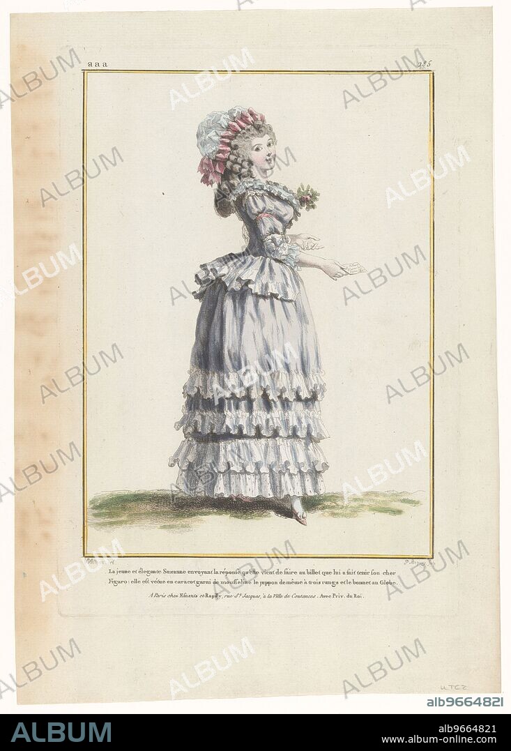 PIERRE-CHARLES BAQUOY. Gallery of French Fashions and Costumes, 1785, aaa. 285: The young and elegant Suzanne (...), 1785. 'La jeune et élegante Suzanne en voyant la réponse qu'elle vient de faire au billet que lui a fait tenir son cher Figaro: elle est vetue en caracot garni de mousseline le juppon de mème à trois rangs et le bonnet au Globe'. Sending the reply she has just written to the letter from her dear Figaro, she wears a camisole and skirt trimmed with muslin, the skirt with three layers of ruffles. Her spherical bonnet sits on top of her elaborate curled hairstyle. Print from Serie AAA. 45th Cahier de Costumes Français, 40th Suite d'Habillemens à la Mode and 1785, Gallerie des Modes et Costumes Français.