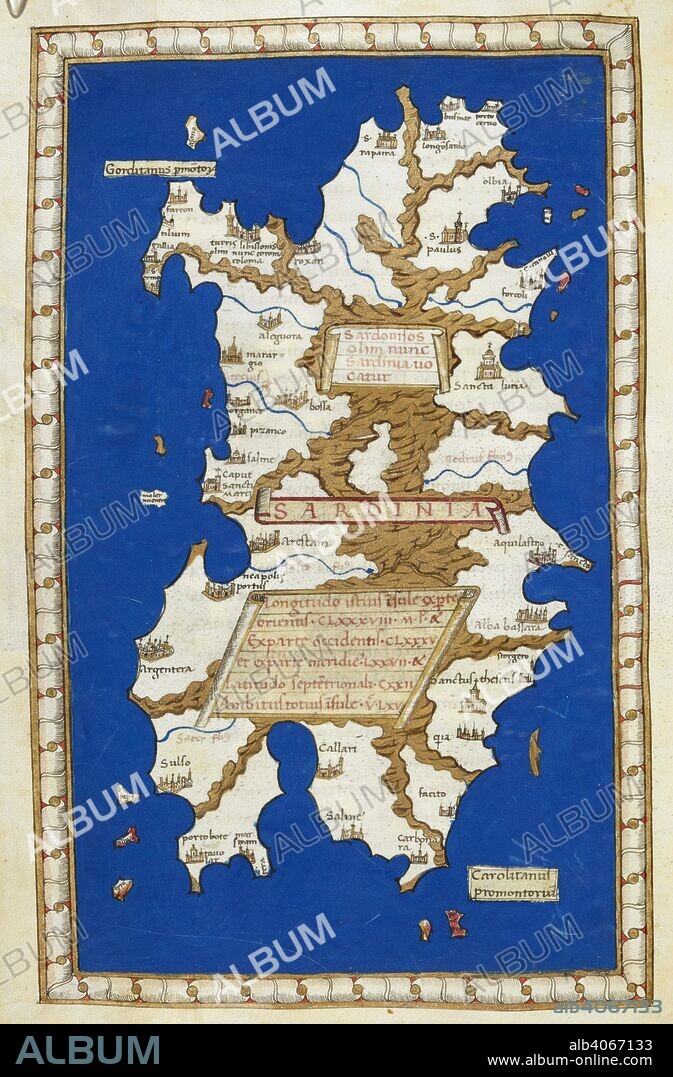 HENRICUS MARTELLUS GERMANUS y HENRICUS MARTELLUS. Sardinia. Account of the Islands of the Mediterranean. Florence, 1489. Source: Add. 15760, f.52v. Language: Latin.