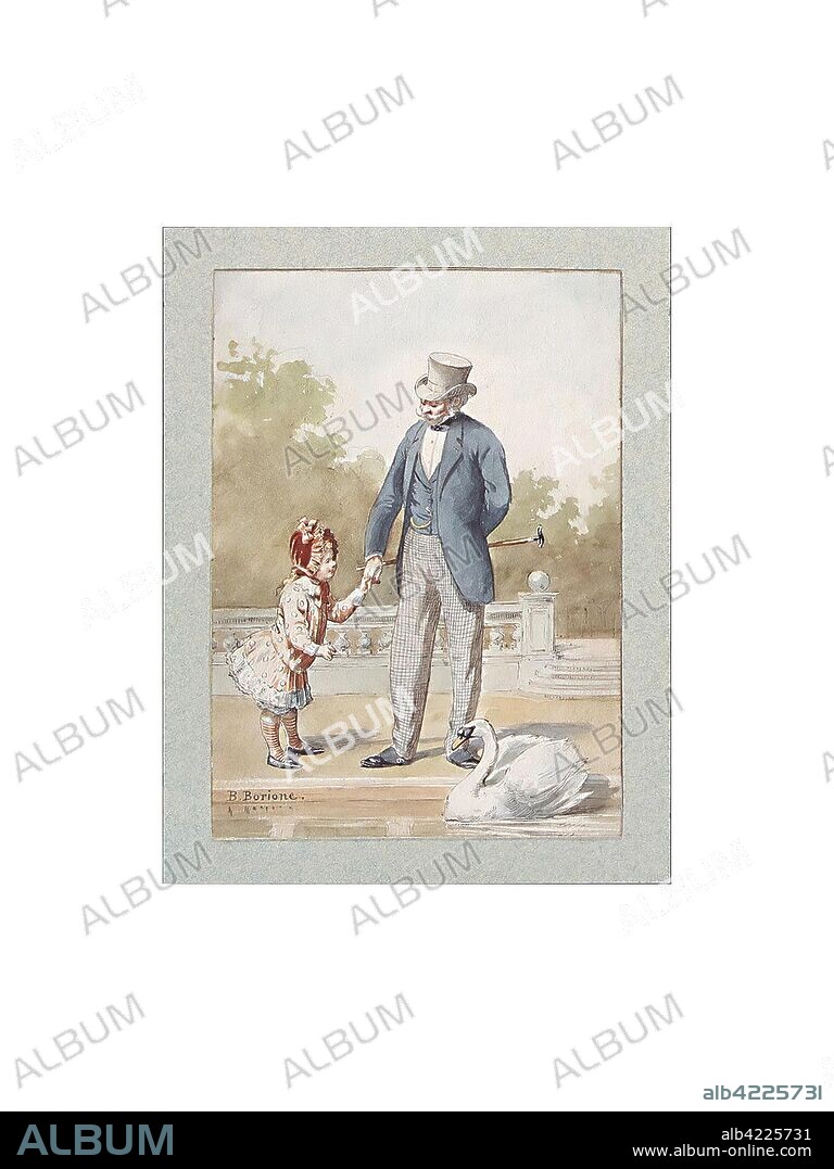 BERNARD LOUIS BORIONE. 'Grandfather with his Granddaughter Watching a Floating Swan'. Album "The Golden Book of Lorraine". France, 1893 (?). Dimensions: 15,5x11 cm.