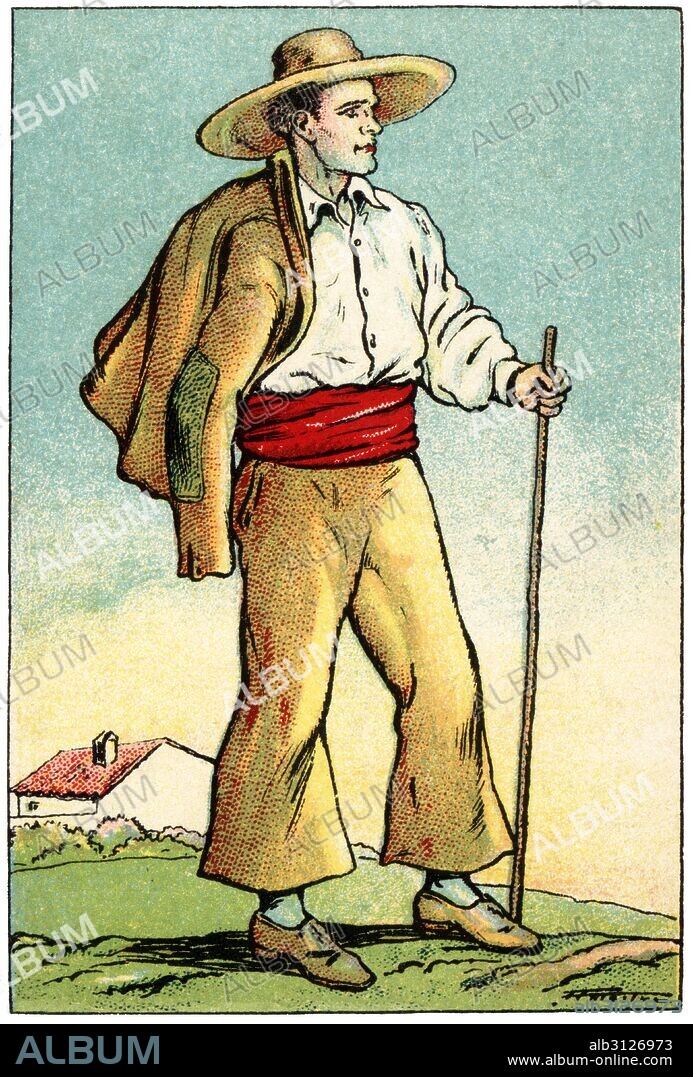 ALBERT MESTRE MORAGAS. Traje típico de campesino de Extremadura de principios del siglo XX. Cromo de Chocolates Juncosa. Años 1920.