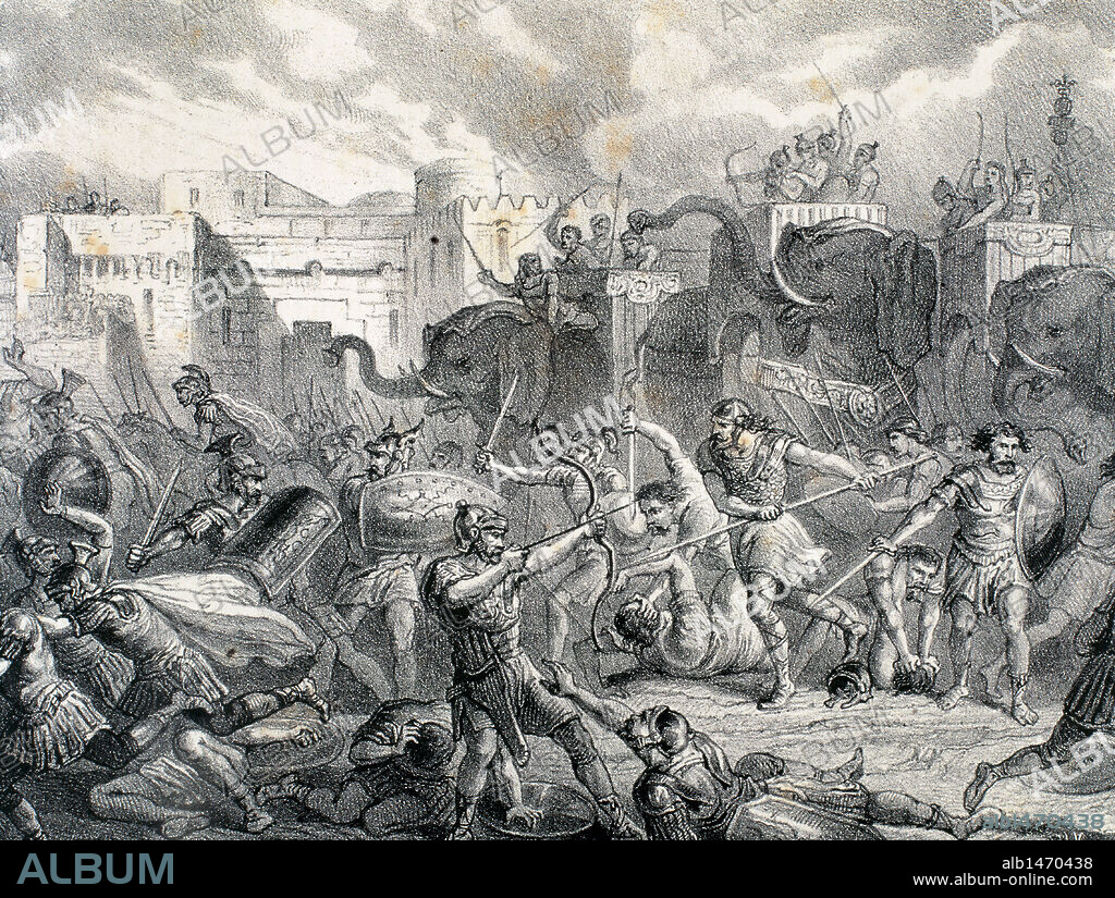 HISTORIA DE LA ANTIGUA ROMA. DEFENSA DE LA CIUDAD DE NUMANCIA FRENTE A LAS TROPAS ROMANAS DE ESCIPION (133 aC). Grabado.