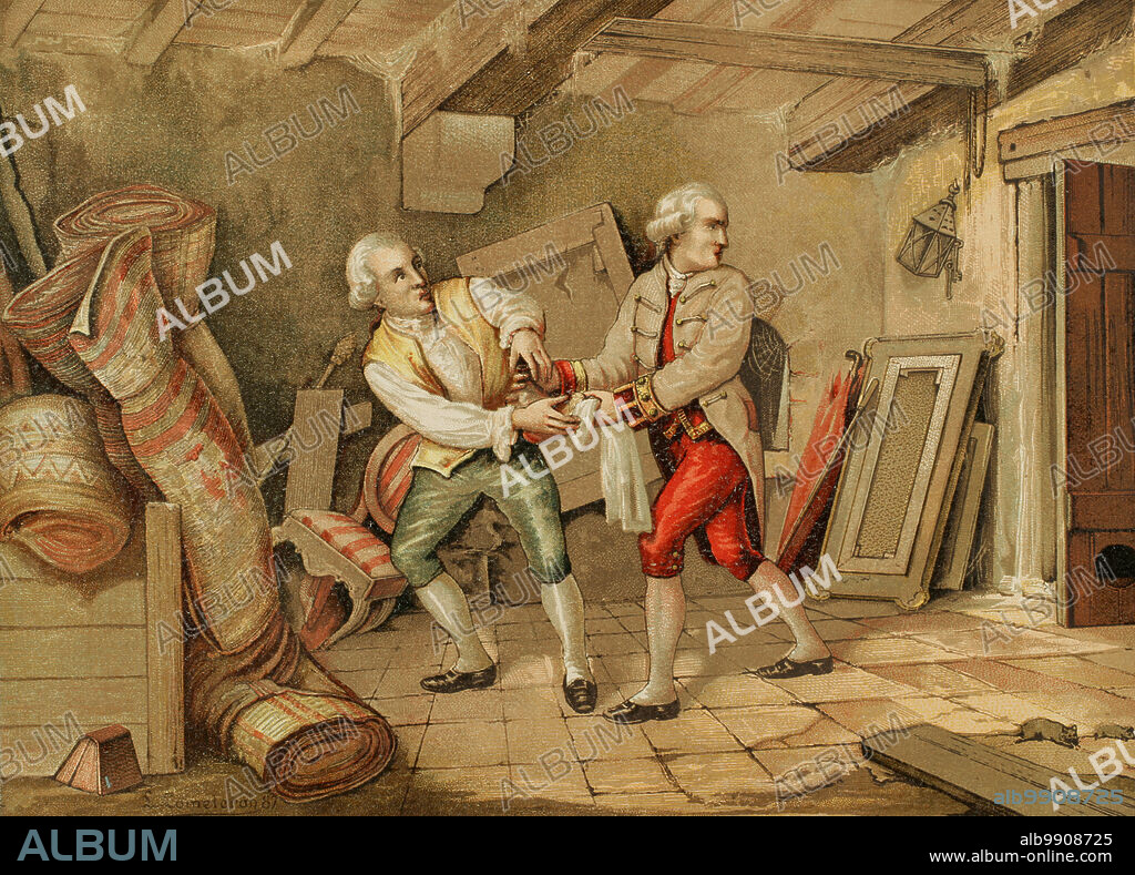 History of Spain. Mutiny of Aranjuez (17-19 March 1808). A small group led by members of the fernandino party (noble people nearby to the Prince of Asturias) was heaped front to the Royal Palace and assaulted Godoy's House, looting, burning and destroying all kinds of belongings. On the morning of 19 March groups of people went to Godoy's house in Barquillo Street, in Madrid. The Prince of Peace guided by a faithful servant. Chromolithography. "Historia Universal", by César Cantú. Volume IX, 1881.