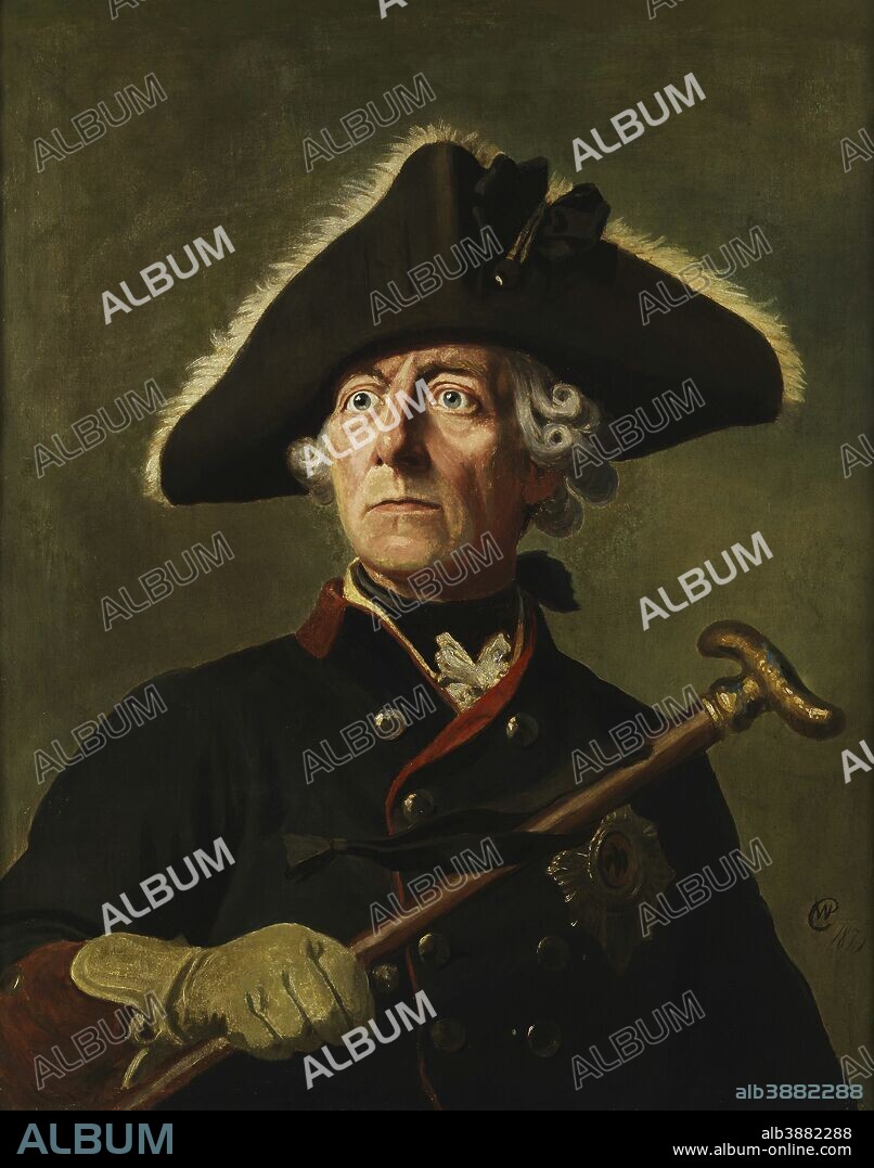 Vintage painting of Frederick the Great. Frederick II was the King of Prussia from 1740 until 1786. Original painted by Wilhelm Camphausen, 1870.