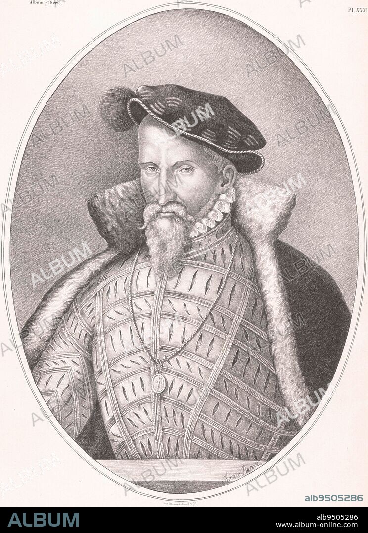 Portrait of François de Guise, Jacques Reyne Isidore Acarie-Baron, 1838 - 1846, Portrait of François, second Duke of Guise, field general of the French King Henry II, wearing the chain of the French Order of St. Michael. After a plaque of Limoges enamel from the Musée du Louvre, dated 1557., print maker: Jacques Reyne Isidore Acarie-Baron, (mentioned on object), printer: Benard Lemercier & Cie, (mentioned on object), Paris, 1838 - 1846, paper, h 478 mm × w 324 mm.