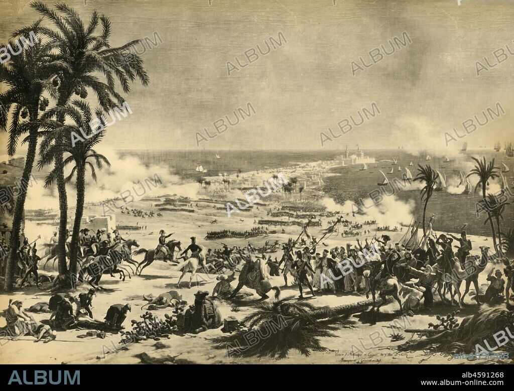 The Battle of Aboukir, 25 July 1799, (1921). Depiction of a battle between the Turks under Mustafa and the French commanded by Napoleon, fought at Aboukir (Abu Qir, on the north coast of Egypt), during the Egyptian Campaign. French cavalry commander Murat has pushed the Turks to the sea, and Mustafa Pasha, taken prisoner, is led to General Napoleon Bonaparte. After a painting made c1801 by Louis-François Lejeune, in the collection of the Musée de l'Histoire de France, palace of Versailles, France. From "Napoleon", by Raymond Guyot. [H. Floury, Paris, 1921].
