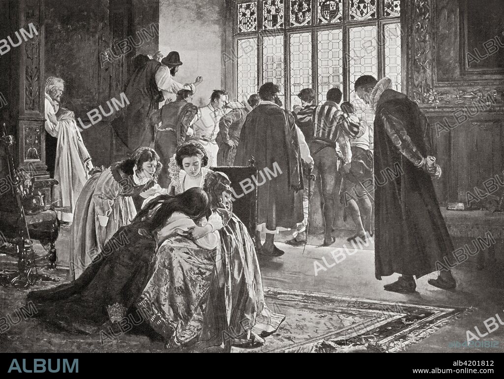 Huguenots taking refuge in the English embassy during The St. Bartholomew's Day Massacre, Paris, France, 1572.  A targeted group of assassinations and a wave of Catholic mob violence directed against the Huguenots during the French Wars of Religion, believed to have been instigated by Catherine de' Medici.   From Hutchinson's History of the Nations, published 1915.