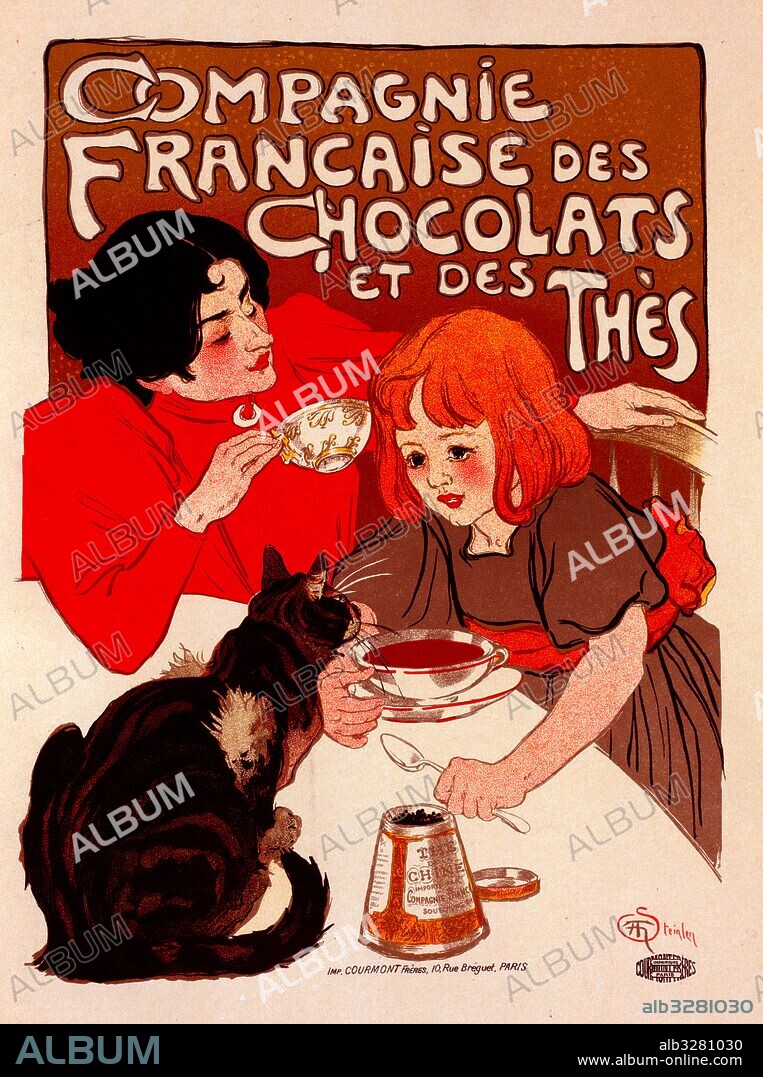 Poster for Chocolat de la Compagnie Française. Théophile Alexandre Steinlen, frequently referred to as just Steinlen 1859 – 1923, a Swiss-born French Art Nouveau painter and printmaker.