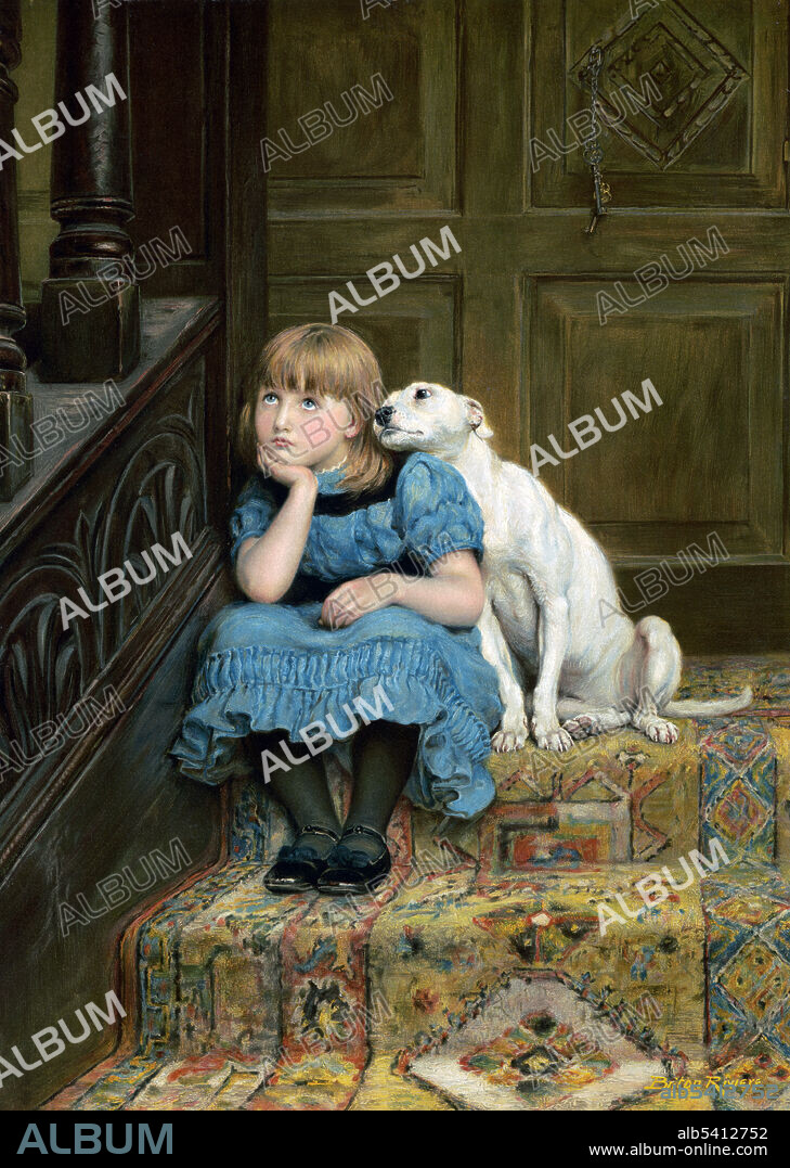 Sympathy by Briton Riviere. Briton Rivière (August 14, 1840 - April 20, 1920 in London) was an English artist of Huguenot descent. He exhibited a variety of paintings at the Royal Academy, but devoted much of his life to animal paintings. Reproduced by kind permission of the Governors of the Royal Holloway College, 1890 (cropped and cleaned).