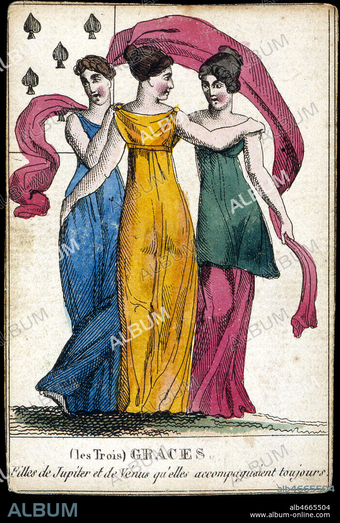 Les trois GRACES (Aglae, Euphrosine et Thalie) , filles de Jupiter et de Venus qu'elles accompagnaient toujours , dans la mythologie grecque. Jeu de cartes mythologiques debut XIXeme siecle, vers 1810. Collection IM/KHARBINE-TAPABOR.