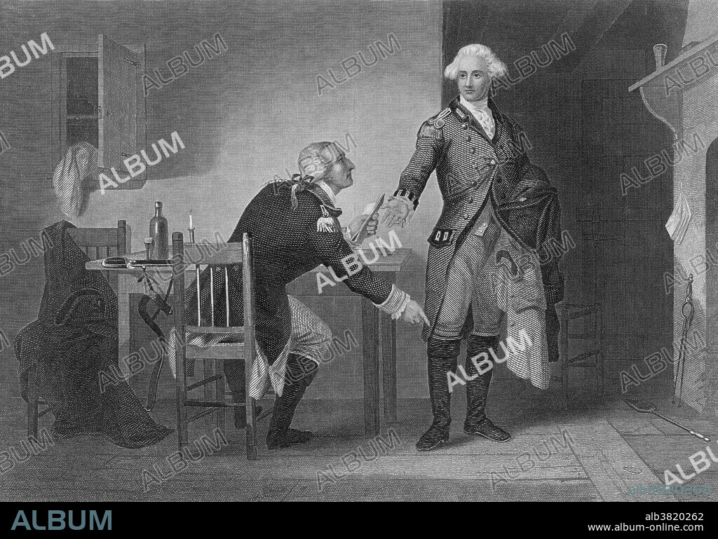 American Revolutionary War, 1780. An engraving showing Benedict Arnold (1741-1801) persuading Major John Andre (1750-1780) to conceal papers in his boot that would show the British how to take the fort at West Point, New York. Andre was intercepted near Tarrytown by armed militiamen and later hanged as a spy. After the plot was exposed, Benedict Arnold joined the British Army. Engraving from 1874, from a painting by C. F. Blauvelt. Benedict Arnold V (1741-1801) was a general during the American Revolutionary War. He began the war in the Continental Army but later defected to the British Army. While a general on the American side, he obtained command of the fort at West Point, New York, and plotted to surrender it to the British forces. After the plot was exposed in September 1780, he was commissioned into the British Army as a brigadier general.