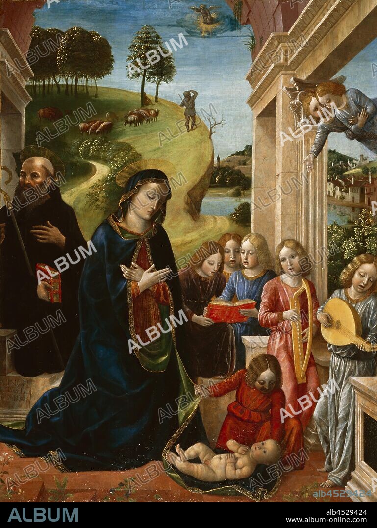 Vincenzo Foppa, Italian, 1427-1516, Adoration of the Child with St. Benedict and Angels, c. 1478, tempera on canvas and honeycomb aluminum panel, transferred from wood panel, Unframed: 56 1/2 × 43 1/4 inches (143.5 × 109.9 cm).