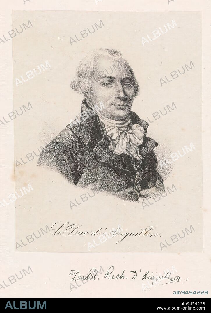 Portrait of Emmanuel-Armand de Vignerot du Plessis-Richelieu, Duke of Aiguillon, Portrait of Emmanuel-Armand de Vignerot du Plessis-Richelieu. In the lower margin his title and signature., print maker: anonymous, 1800 - 1899, paper, height 182 mm × width 135 mm.