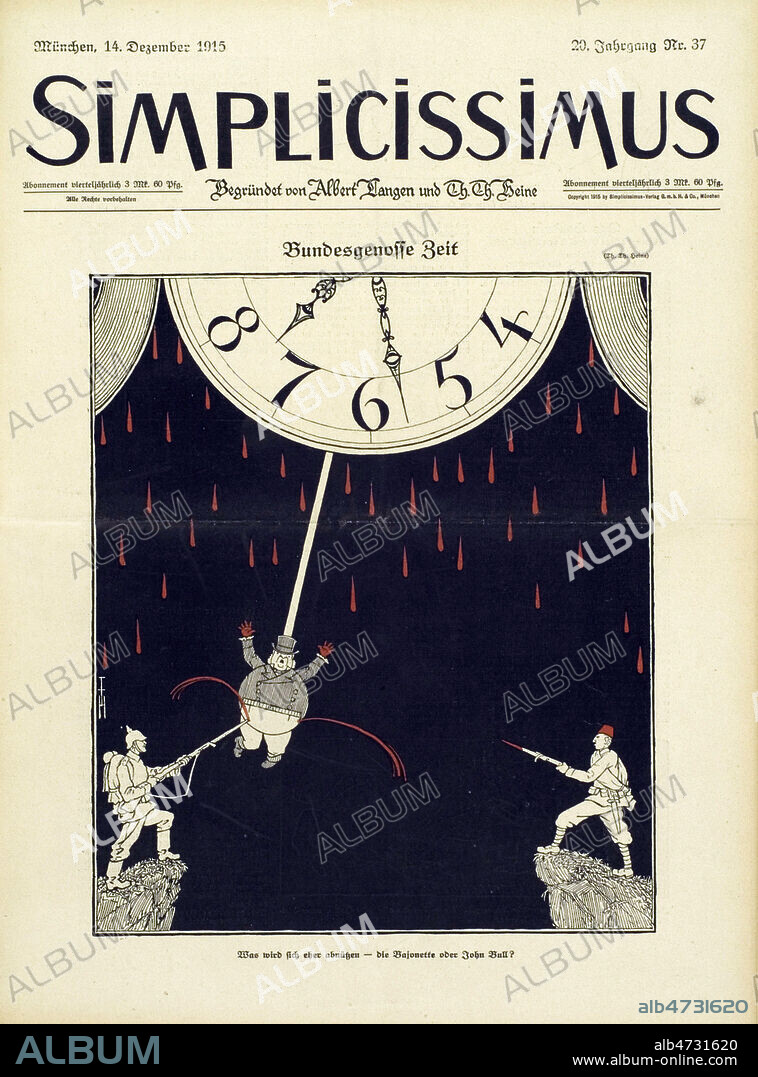 'Les Allies du temps' : 'Qui sera le plus tot use ? La baionnette ou John BULL?'. (Entre deux soldats allemand et turc.) Illustration de Theodore HEINE (1867-1948) pour Simplicissimus du 14 Decembre 1915. Credit : Coll. Dixmier/KHARBINE-TAPABOR.