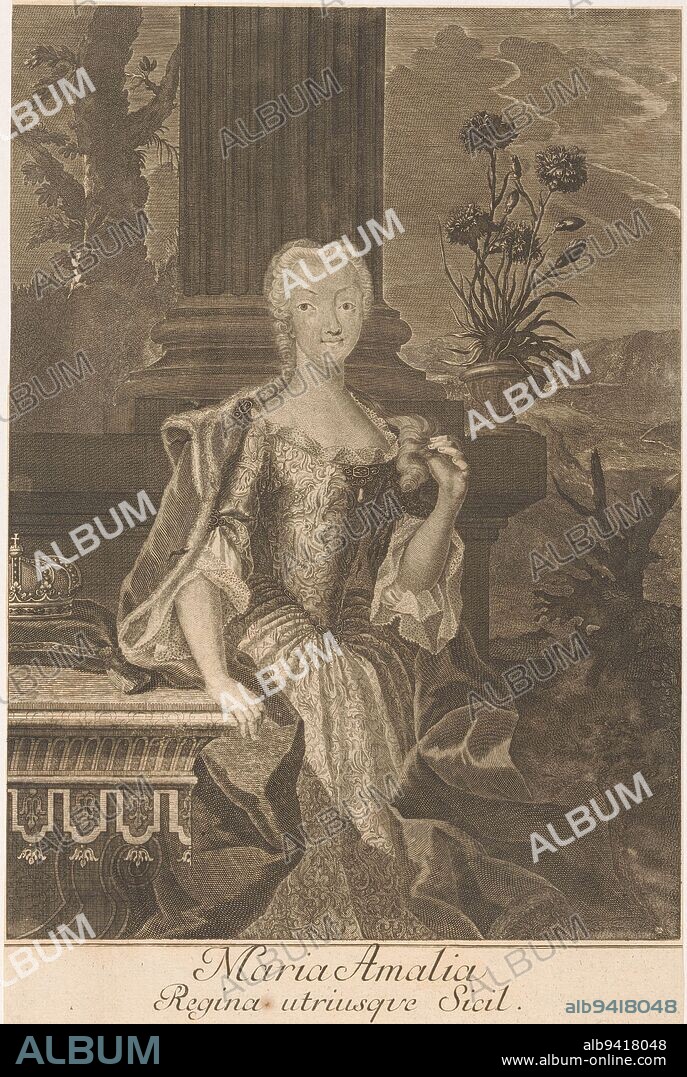 Portrait of Maria Amalia, Queen of Naples Sicily, print maker: Johann Martin Bernigeroth, (mentioned on object), Leipzig, 1738 - 1759, paper, etching, engraving, h 317 mm × w 205 mm.