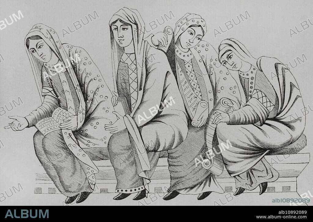 Vestidos de damas de la nobleza en el siglo XI. Facísimil de un grabado basado en una miniatura de la "Biblia de Carlos el Calvo", siglo IX. "Moeurs, usages et costumes au moyen-âge et à l'époque de la Renaissance", por Paul Lacroix. París, 1878.