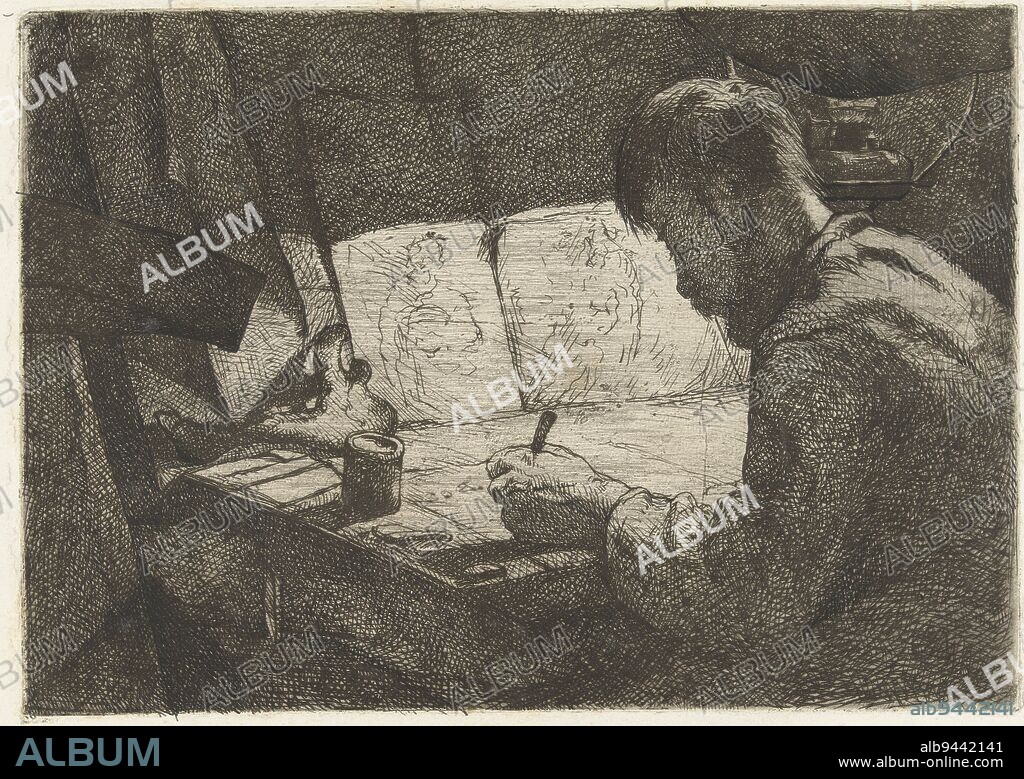 Self-portrait behind the drawing table, print maker: Gerard Jan Bos, (signed by artist), Antwerp, 1883, paper, etching, drypoint, pen, h 147 mm × w 210 mm.