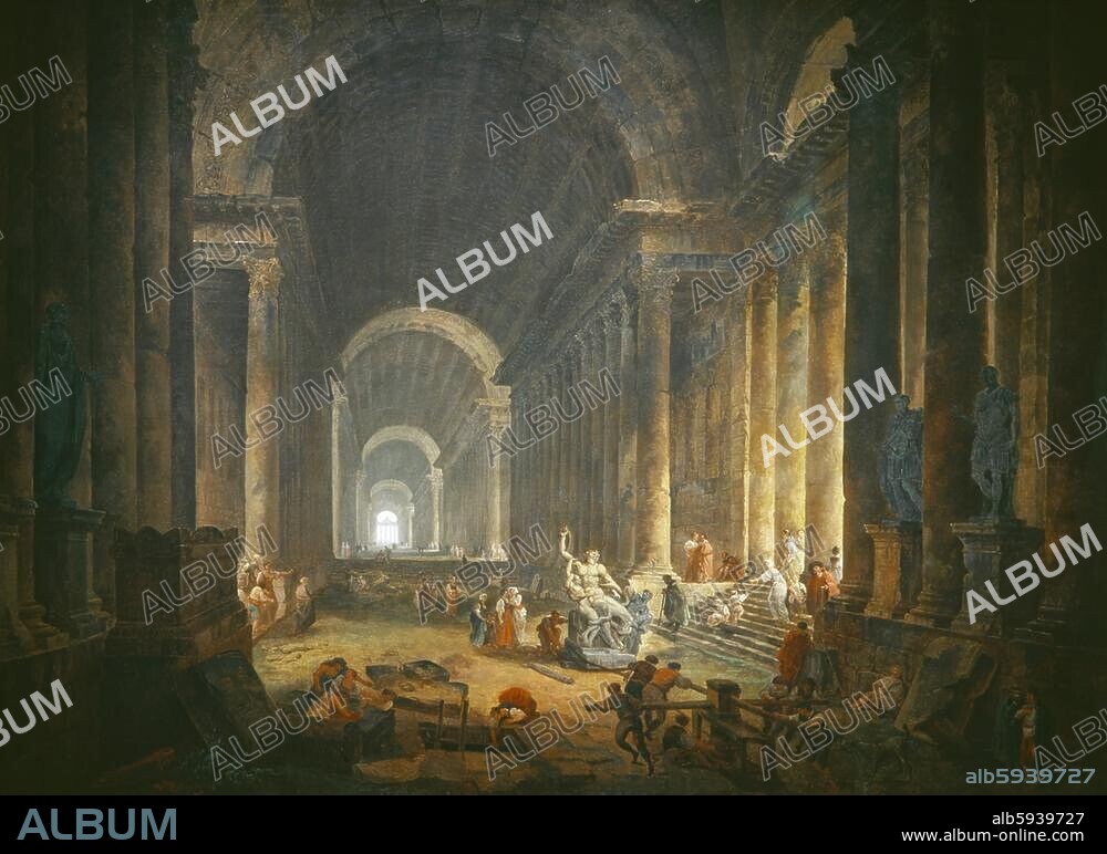 HUBERT ROBERT. Robert, Hubert. 1733-1808. "Die Auffindung der Laokoongruppe", 1773. (Phantasiearchitektur mit Transport der 1506 im Goldenen Haus des Nero in Rom gefundenen Laokoongruppe). Öl auf Leinwand, 119,4 × 162,4 cm. Inv. Nr. 62.31. Richmond, Virginia Museum of Fine Arts.