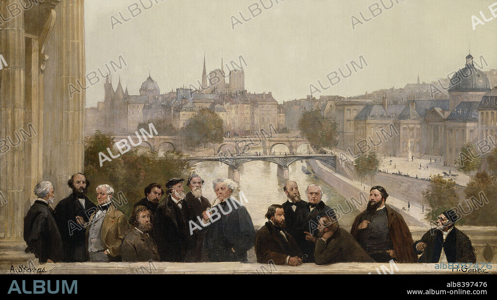 ALFRED STEVENS y HENRI GERVEX. The Panorama of the Century : Dupré, Rousseau, Isabey, Millet, Couture, Daubigny, Diaz, Corot, Troyon, Fromentin, Barye, Decamp, Courbet, Robert-Fleury, 1889. Detail. A fictitious gathering of 14 French painters, most landscapists, in Paris. Behind is the Seine, near the Ile de la Cité, with the Institut de France and the Pont des Arts on the right. (Le panorama du siècle : Dupré, Rousseau, Isabey, Millet, Couture, Daubigny, Diaz, Corot, Troyon, Fromentin, Barye, Decamp, Courbet, Robert-Fleury).