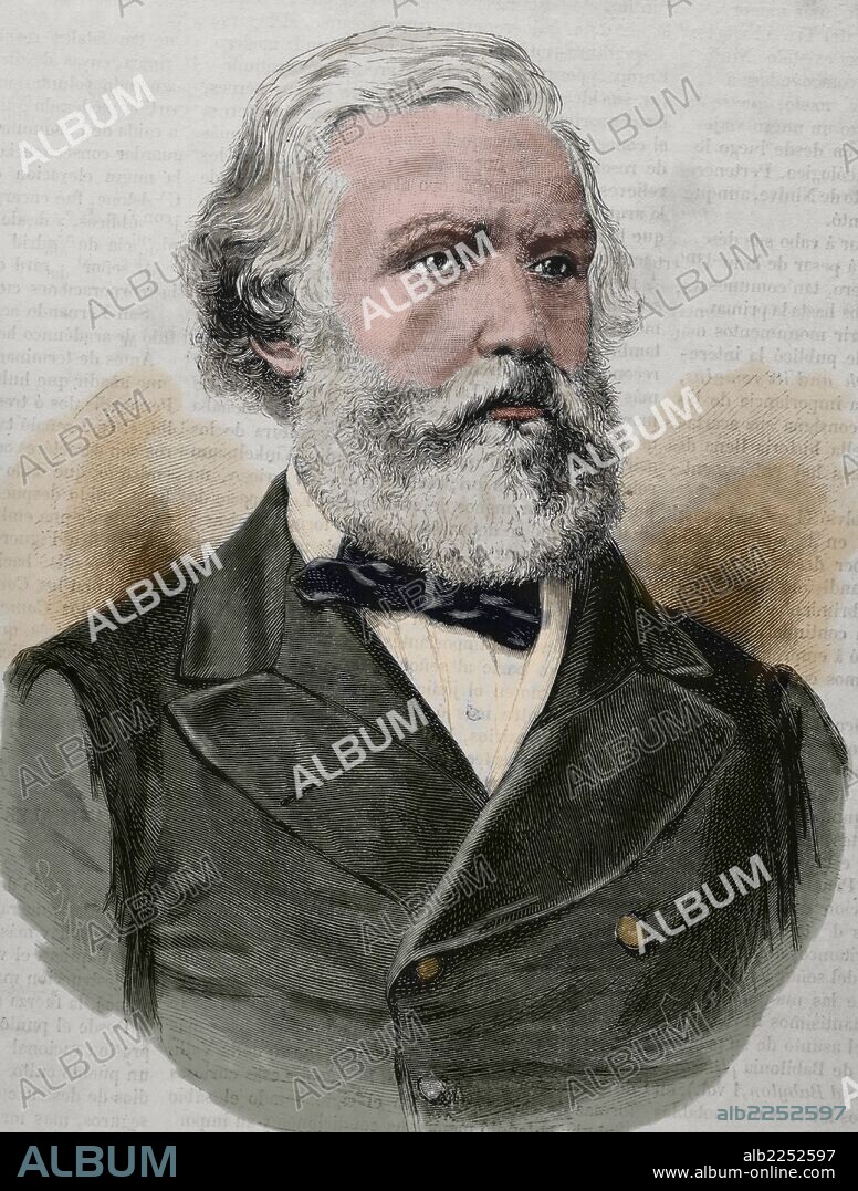 AUSTEN HENRY LAYARD (1817-1894). Viajero, arqueólogo, historiador, dibujante y escritor británico. Conocido por sus excavaciones en Nimrud. Rerato. Grabado por Capuz. "La Ilustración Española y Americana", 1870. Coloreado.