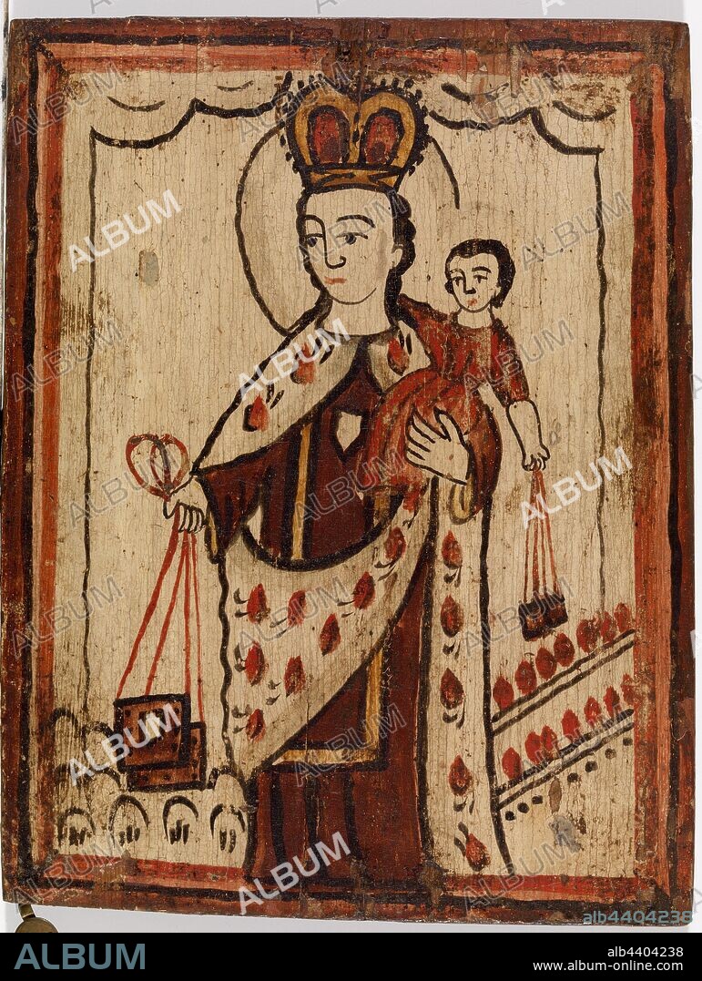 New Mexican: Our Lady of Mount Carmel (Nuestra Señora del Carmen), José Aragon, New Mexican, c. 1830, Water-based paint on wood panel, Overall: 9 3/8 x 7 1/4 in. (23.8 x 18.4 cm).
