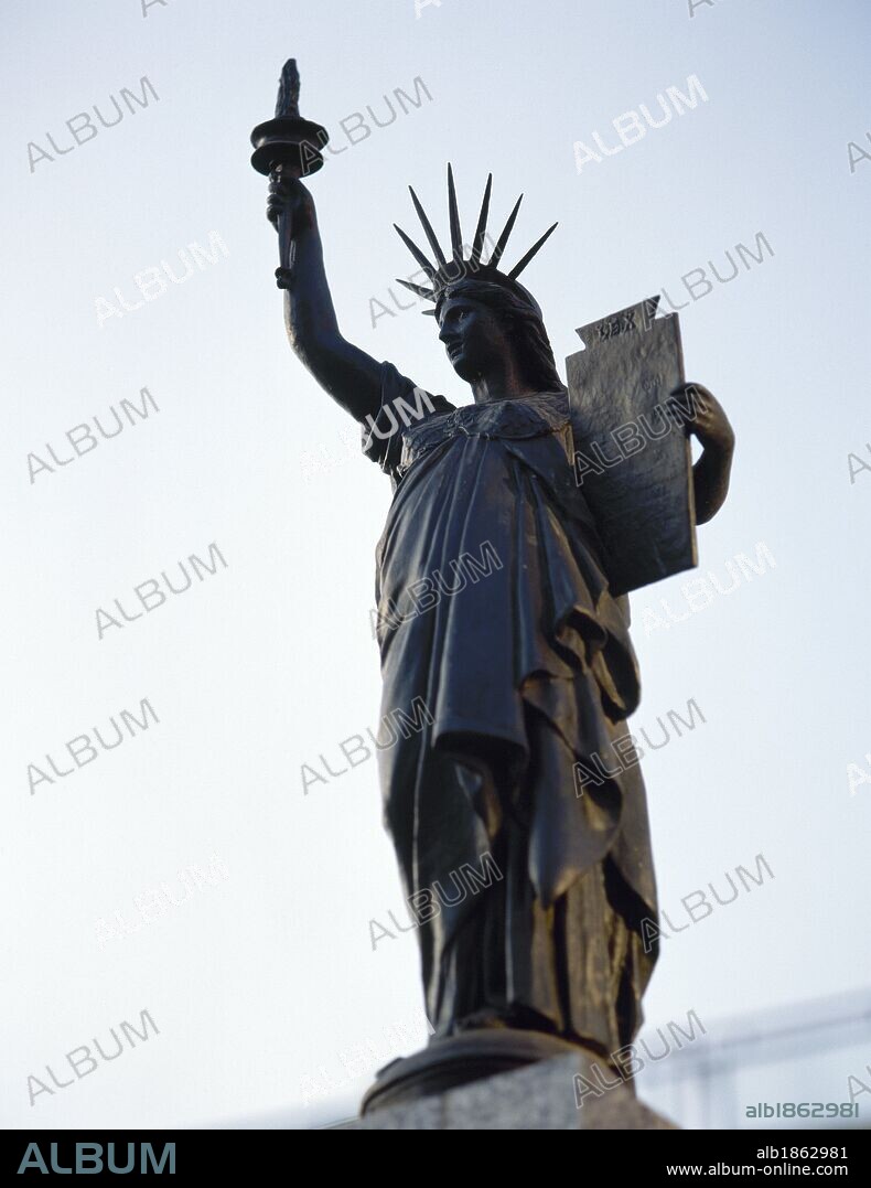 Spain. La Rioja. Cenicero. Statue of Liberty, by Niceto Carcamo in 1897. It is part of the monument erected in 1897 in honor of the heroes who defended the town against the Carlist troops, on 21st and 22nd October 1834, during the siege that took place in Cenicero by the Carlists.
