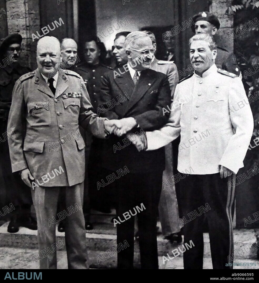 Photograph of President Harry S. Truman, Sir Winston Churchill and Joseph Stalin shaking hands during the Potsdam Conference. Sir Winston Leonard Spencer-Churchill (1874-1965) a British politician and Prime Minister of the United Kingdom. Harry S. Truman (1884-1972) the 33rd President of the United States. Joseph Stalin (1878-1953) a Soviet revolutionary, political leader, and Premier of the Soviet Union. Dated 20th Century.