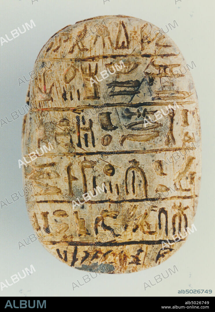 heart carabee, Meshoth, 6 lines, offering formula, seal, scarab, stone (yellow), 4,7 cm, Egypt.